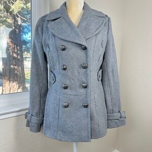 MISS SIXTY Double Breasted Wool Blend Pea Coat Womens S Grey Military Style Moto